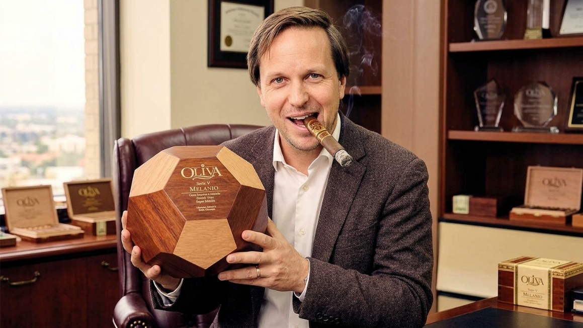 Fred Vandermarliere, ông chủ Oliva Cigar Co. ngậm điếu xì và cầm siêu phẩm trên tay